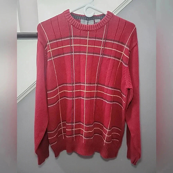 Vintage Oscar De La Renta Mens Sweater XL Red Knit Plaid Long Sleeve Preppy - Picture 1 of 4